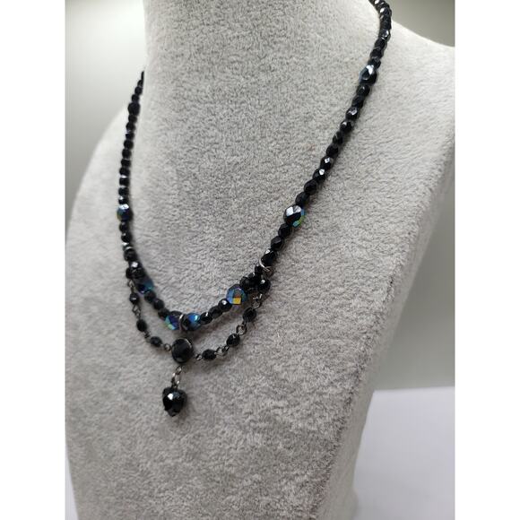 Robert Rose Signed Black Bead Necklace Aurora Glass Drop Vintage Gothic - Picture 4 of 7